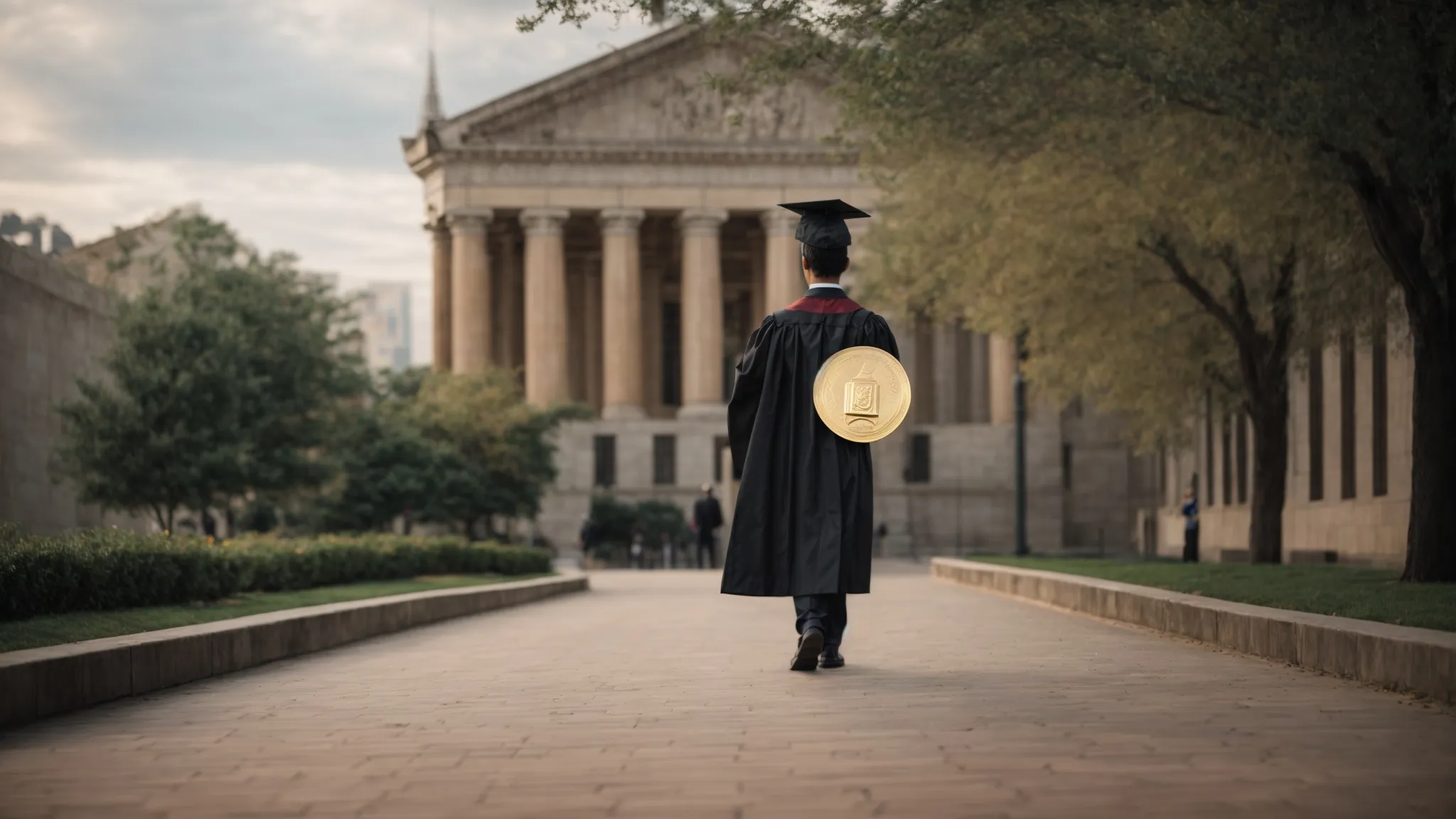 a person in graduation attire holding an oversized golden coin, standing confidently on the path leading towards a towering university building.