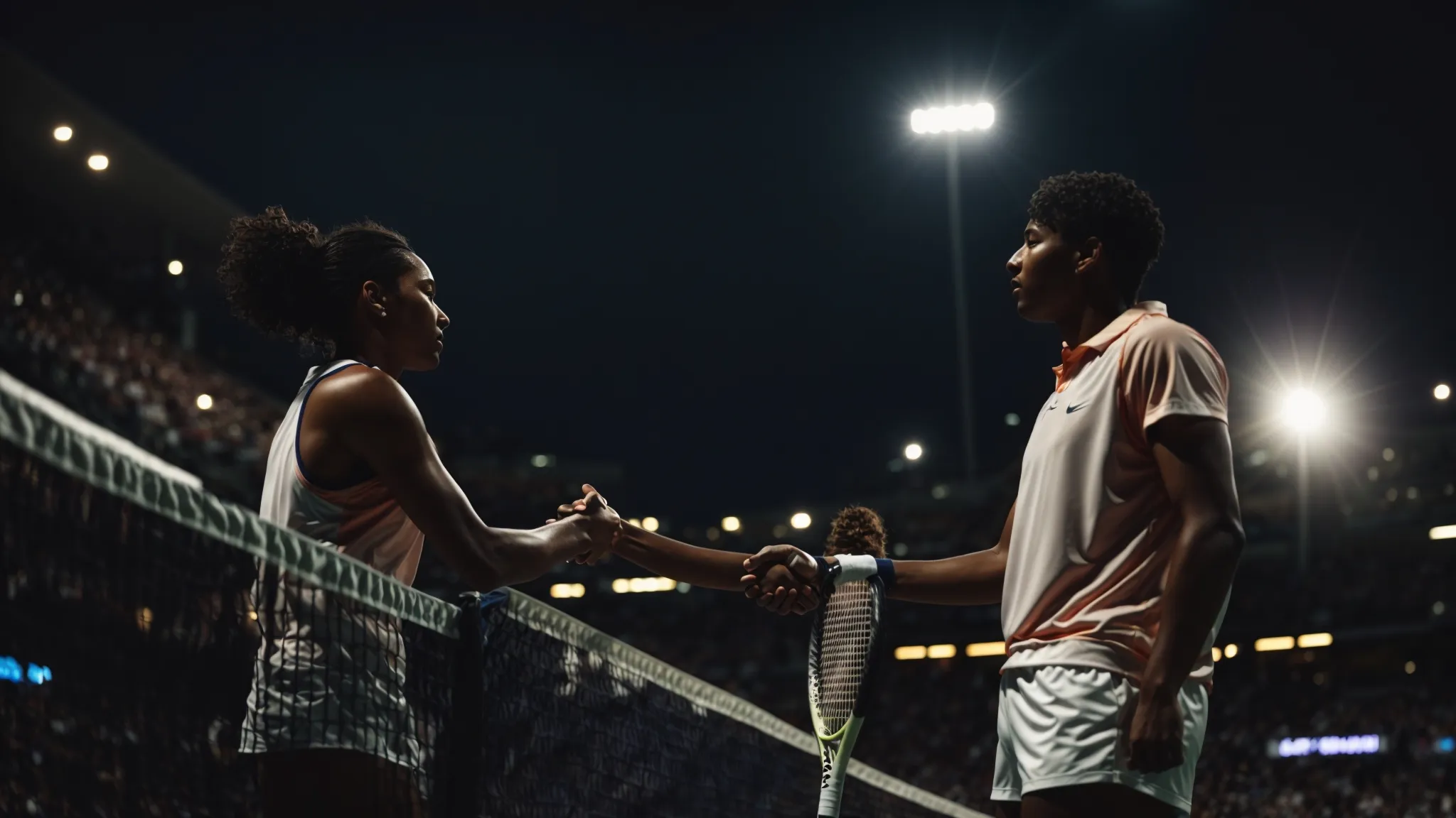 two tennis players shaking hands over the net under stadium lights, symbolizing the respectful culmination of a fierce rivalry.