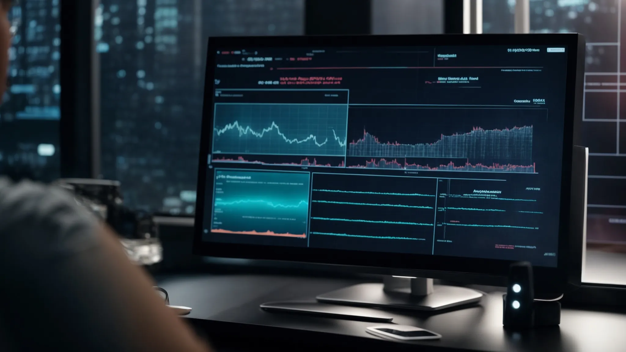a computer screen displaying graphs and analytics while a futuristic ai interface maps out a marketing campaign on the other half.