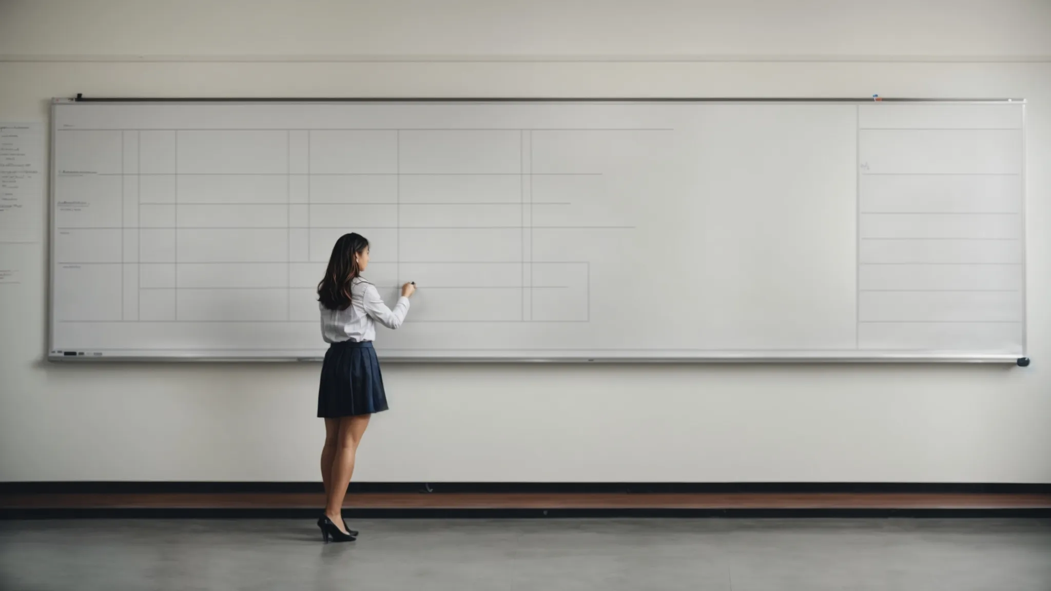 a person stands before a large classroom whiteboard, drawing straight horizontal and vertical lines on a blank graph.