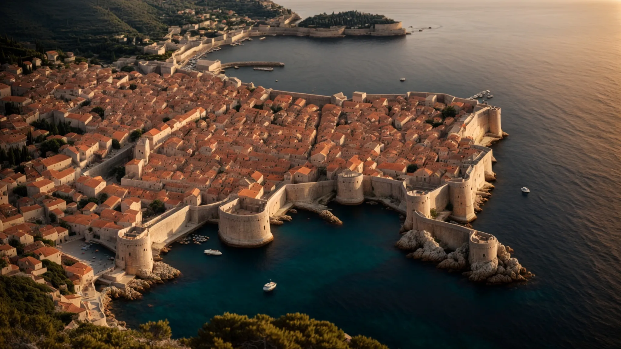 an aerial view showcases the ancient city walls of dubrovnik embracing the shimmering adriatic sea under a golden sunset.