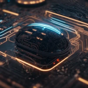 a robot touching a glowing brain symbol surrounded by complex circuit patterns.