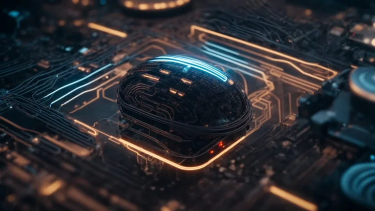 a robot touching a glowing brain symbol surrounded by complex circuit patterns.