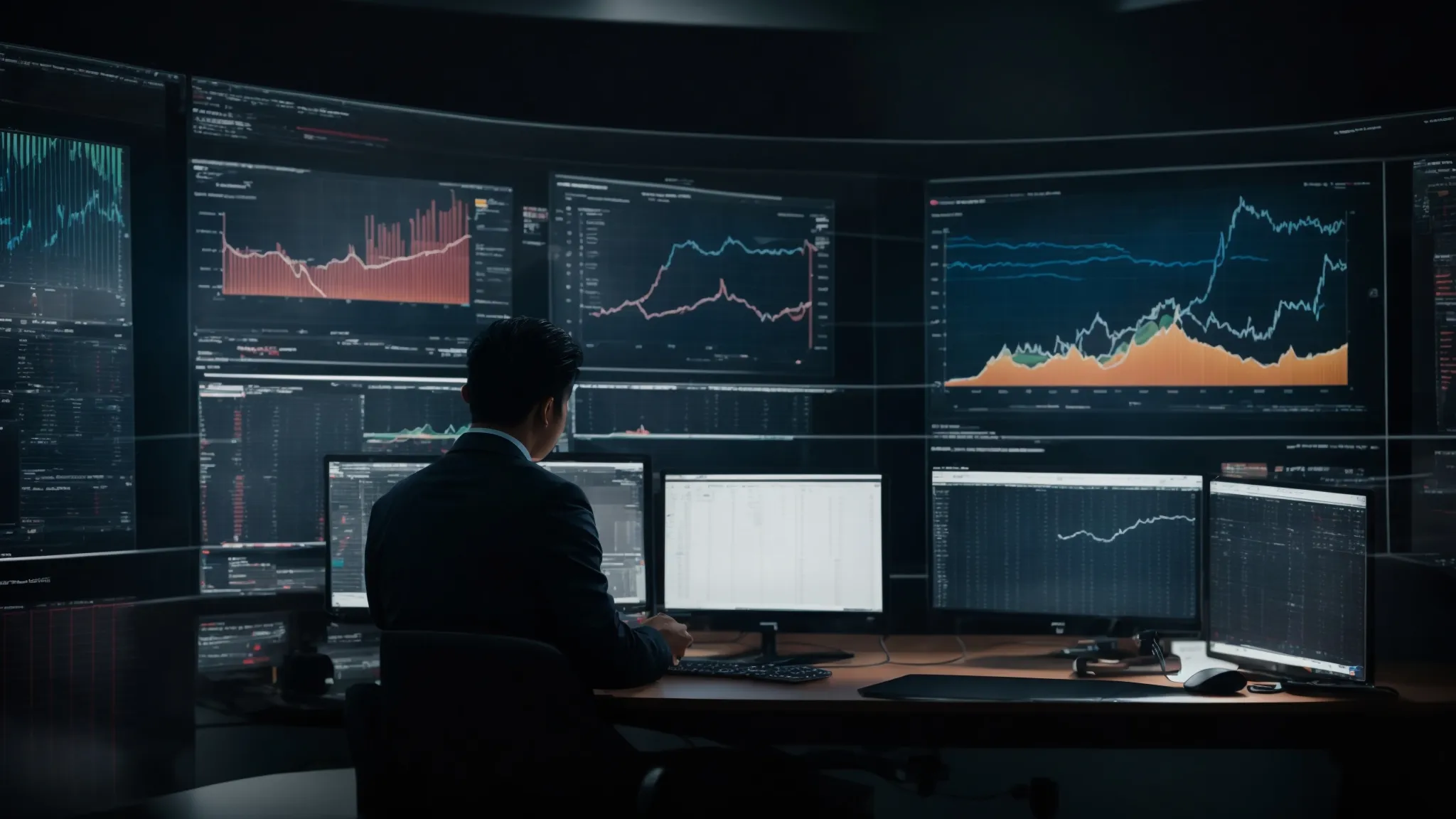 a person analyzing complex data and charts on a computer screen, indicating the performance of different seo strategies.