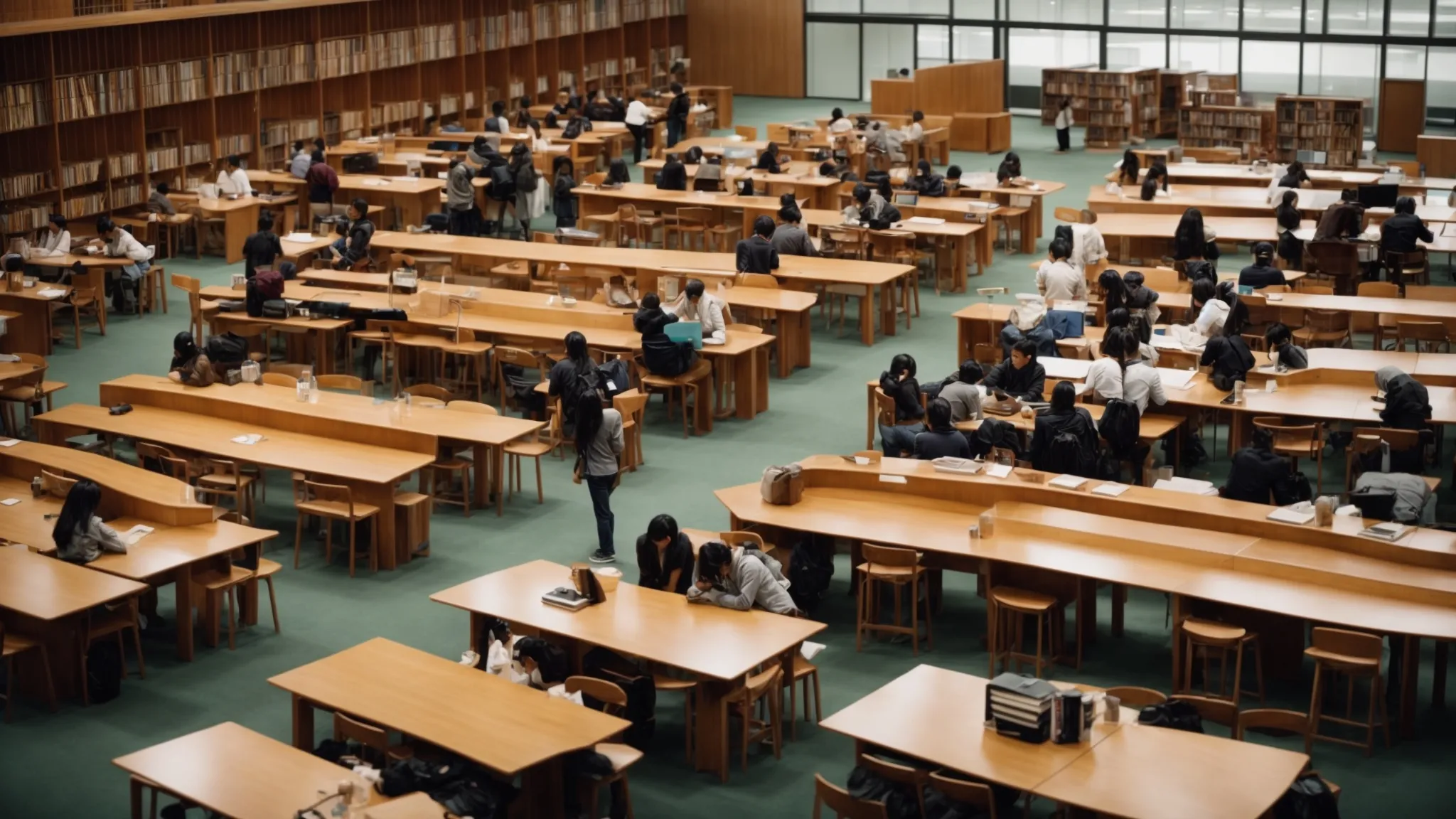 a vast library filled with international students studying at wooden tables.