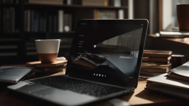 a laptop open to a course interface sits on a table surrounded by e-books and a cup of coffee.