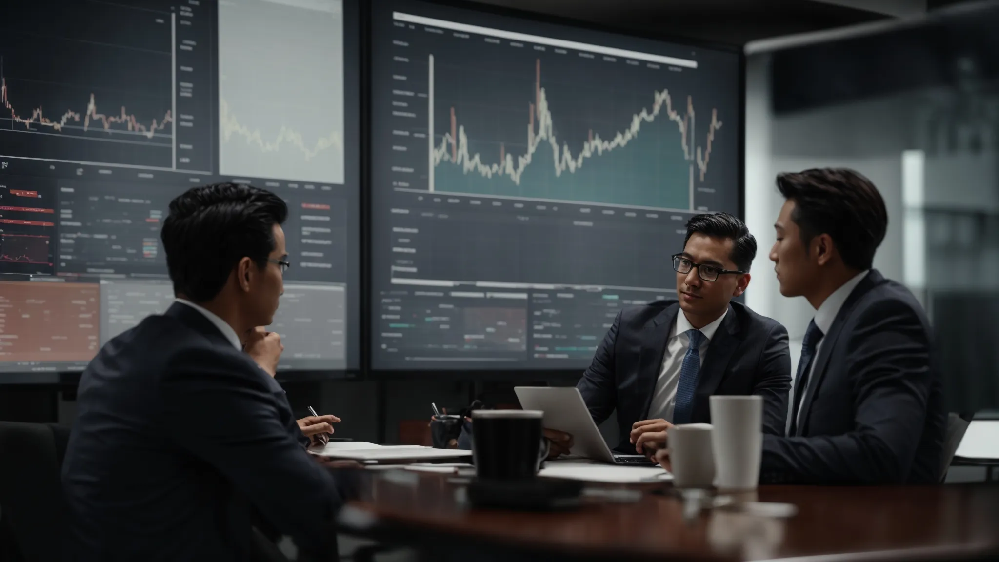 a dynamic business meeting with professionals analyzing graphs and data on a large screen, strategizing their next marketing move.