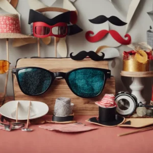 a table covered with various printable props on sticks, including oversized glasses and mustaches, set up in front of a diy photo booth backdrop.