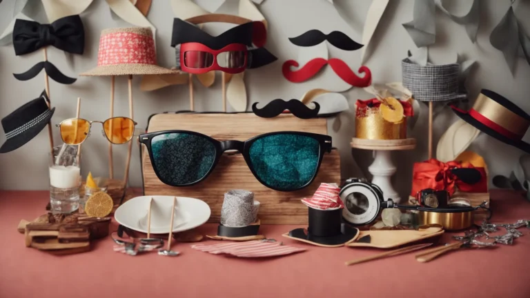 a table covered with various printable props on sticks, including oversized glasses and mustaches, set up in front of a diy photo booth backdrop.
