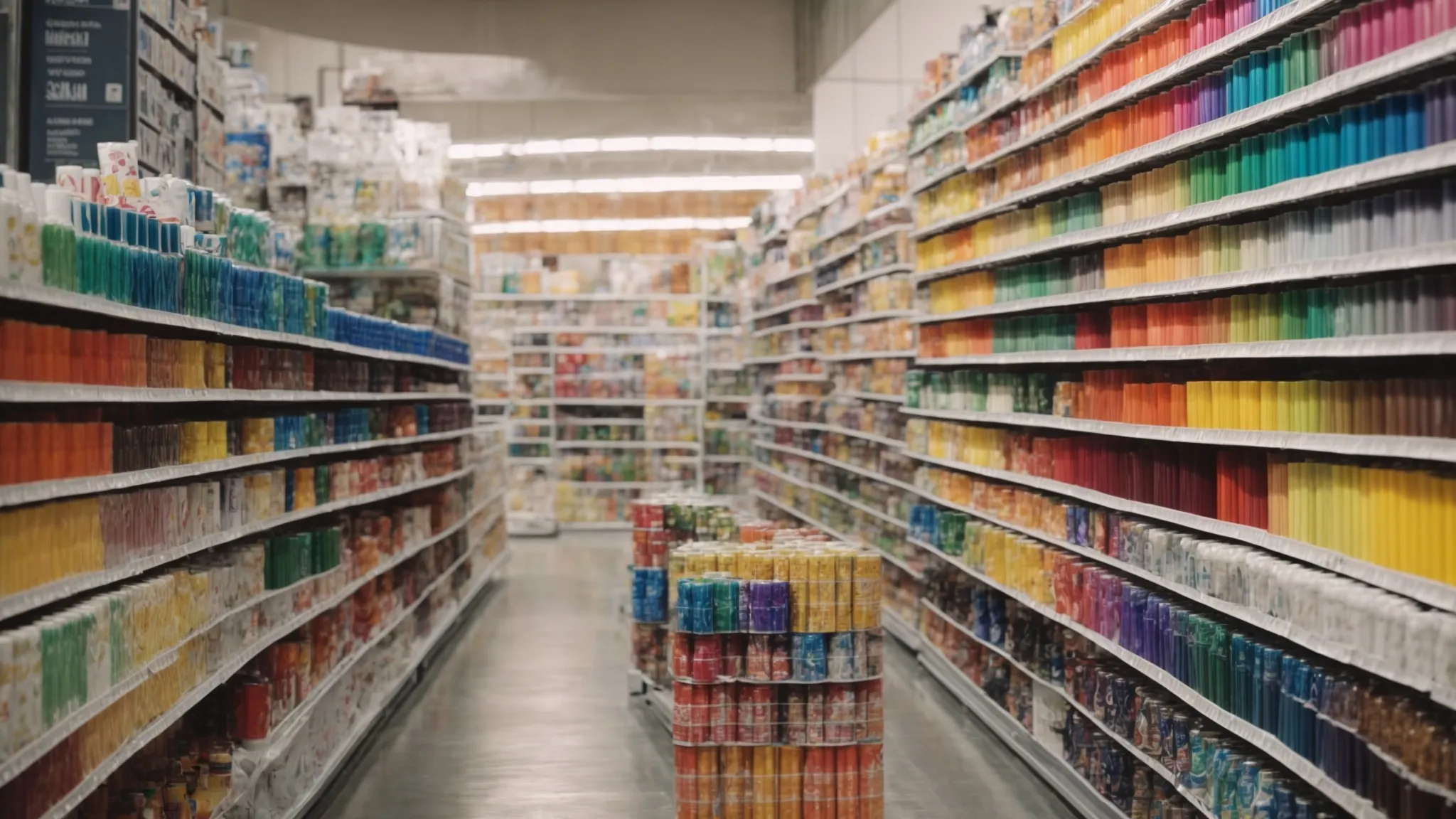 a wide, well-lit aisle inside a spacious paint store showcasing diverse paint cans and a rainbow of color swatches on the wall.