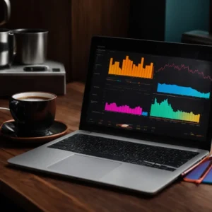 a laptop displaying colorful graphs and a notepad with bullet points sits beside a steaming cup of coffee on a wooden desk.