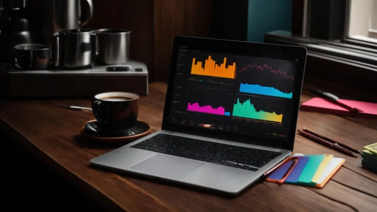 a laptop displaying colorful graphs and a notepad with bullet points sits beside a steaming cup of coffee on a wooden desk.