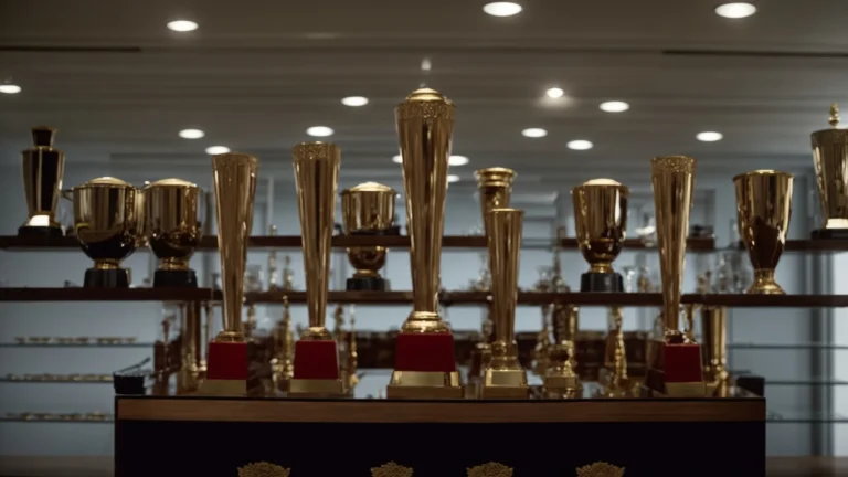 a row of gleaming trophies on a shelf symbolizing top performance and excellence in the industry.