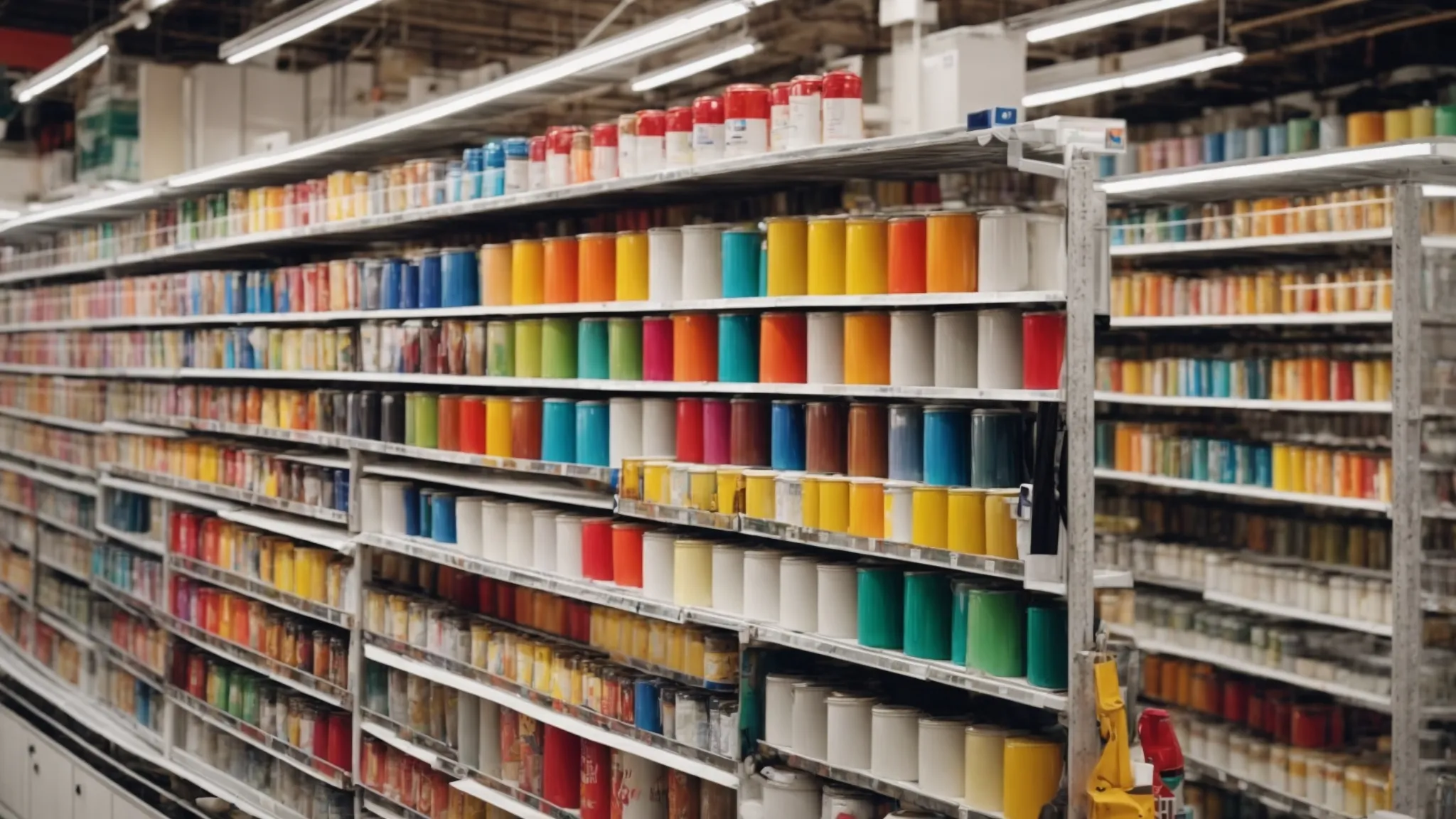 rows of colorful paint cans line the shelves inside a brightly lit store, promising a vibrant selection for every project.