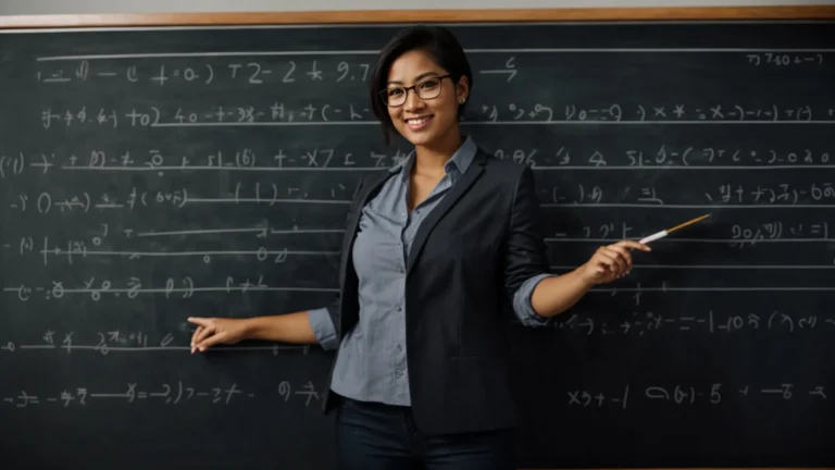 a teacher stands in front of a blackboard filled with linear equations, pointing at the graphed solutions with a ruler.