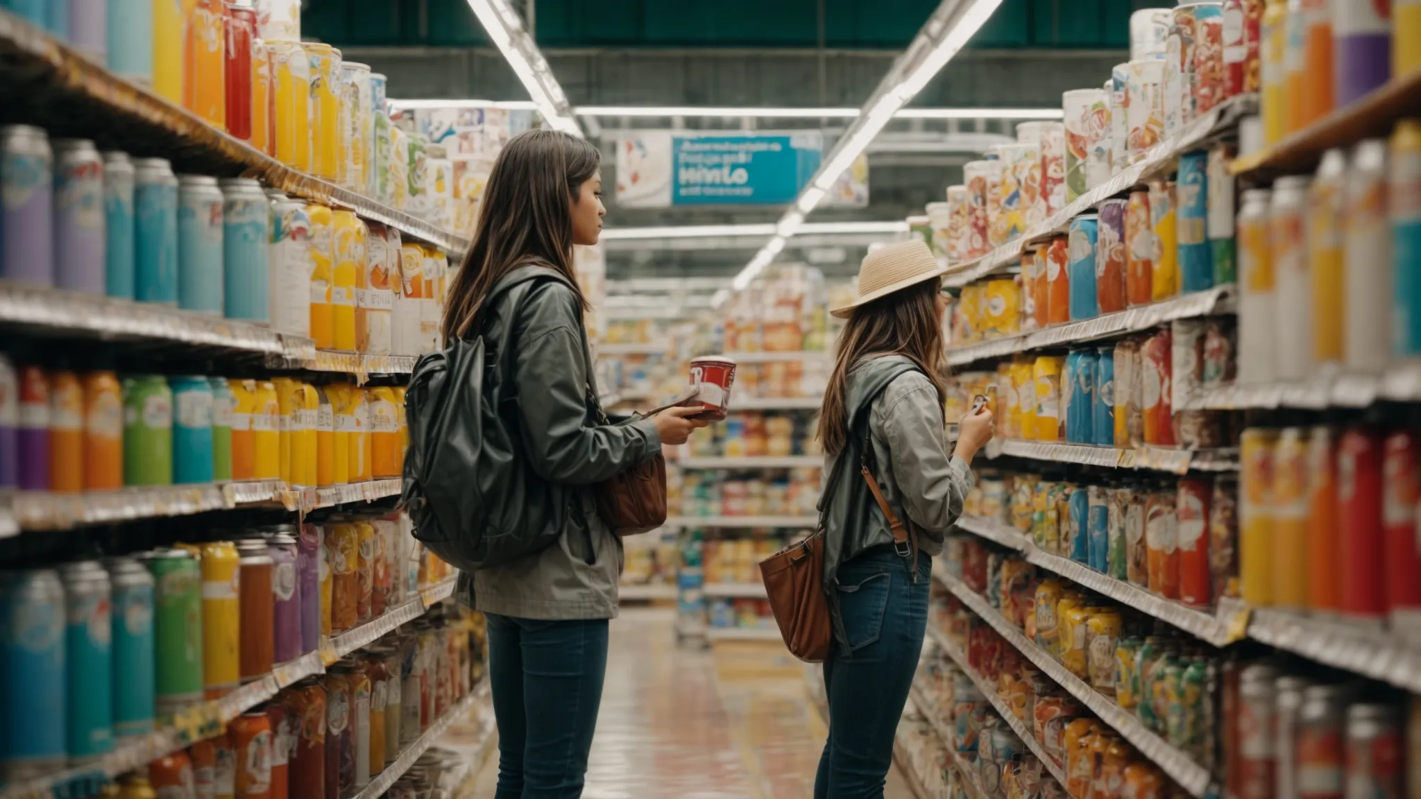 a shopper stands in an aisle filled with colorful paint cans, intently comparing two cans in her hands.