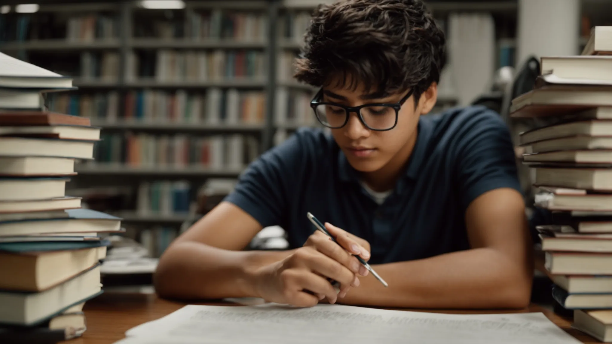 a student sitting at a desk surrounded by textbooks and papers, deeply focused on solving a complex algebra problem.