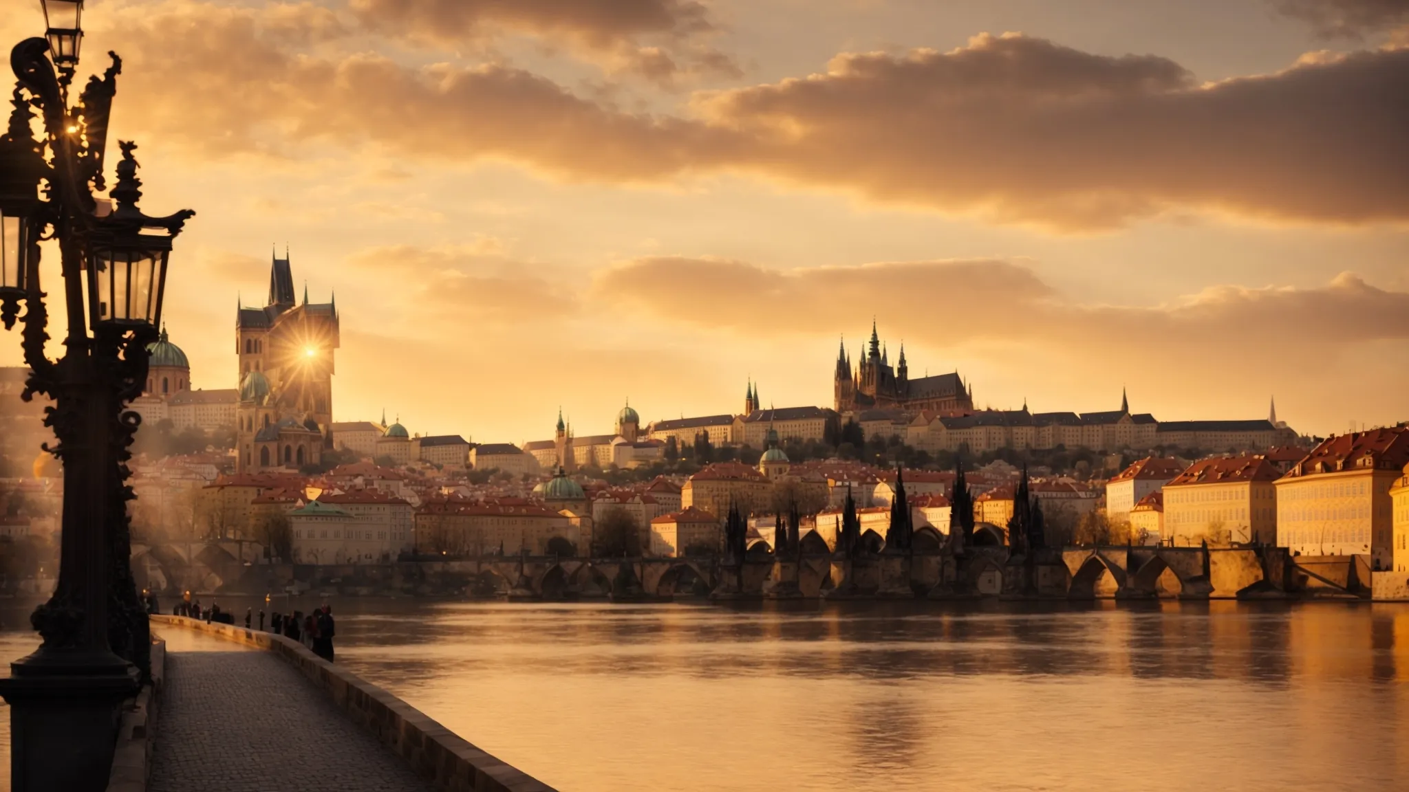 a golden sunset bathes the historic prague castle and charles bridge in a warm glow, encapsulating the city's enchanting and timeless beauty.