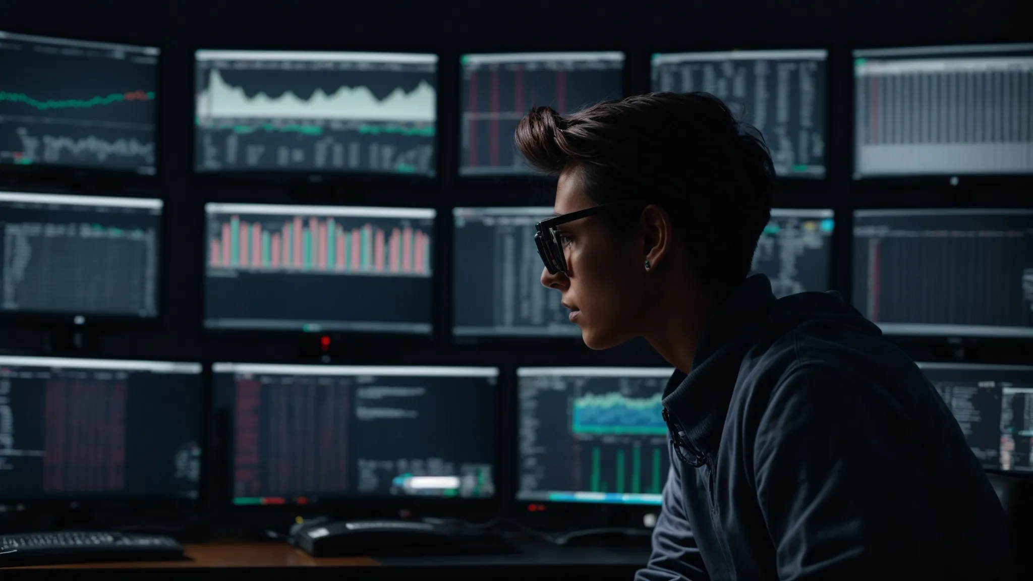 a person sits in front of a large, dual-monitor computer setup, intently analyzing seo analytics on the screens.