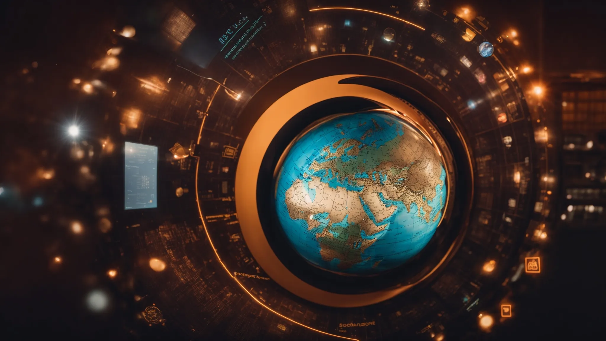 a glowing globe surrounded by marketing icons, illustrating global outreach and precision in targeting.