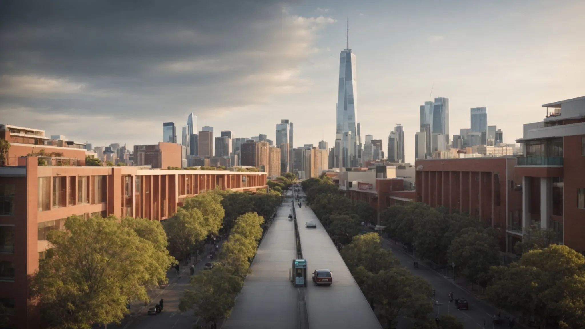 a panoramique skyline of a bustling cosmopolitan city transitioning into a serene university campus, symbolizing the bridge between academic achievement and professional success.