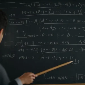 a chalkboard filled with algebraic equations and a teacher holding a pointer.