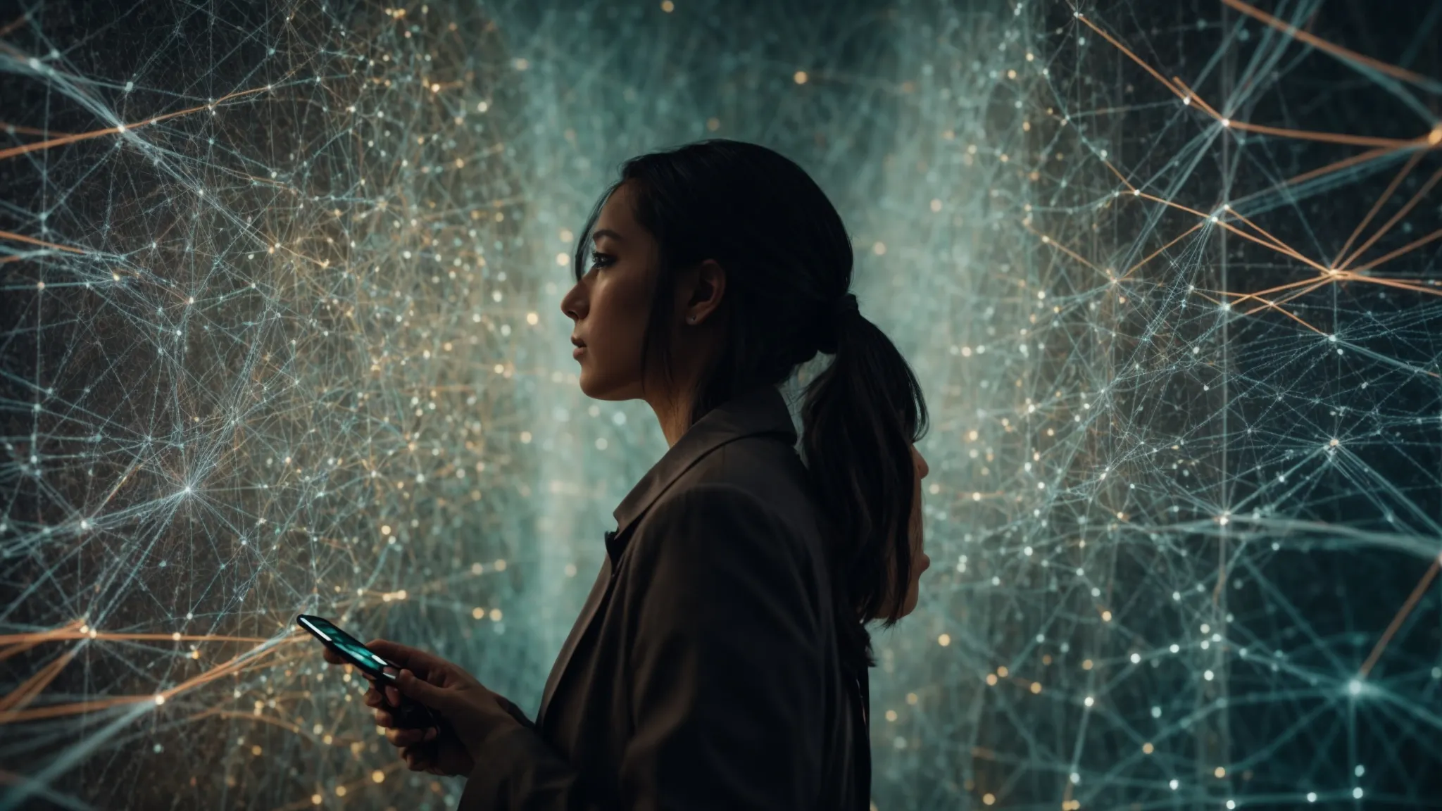a professional intently examining a complex network of lines and nodes representing backlinks on a large digital screen.