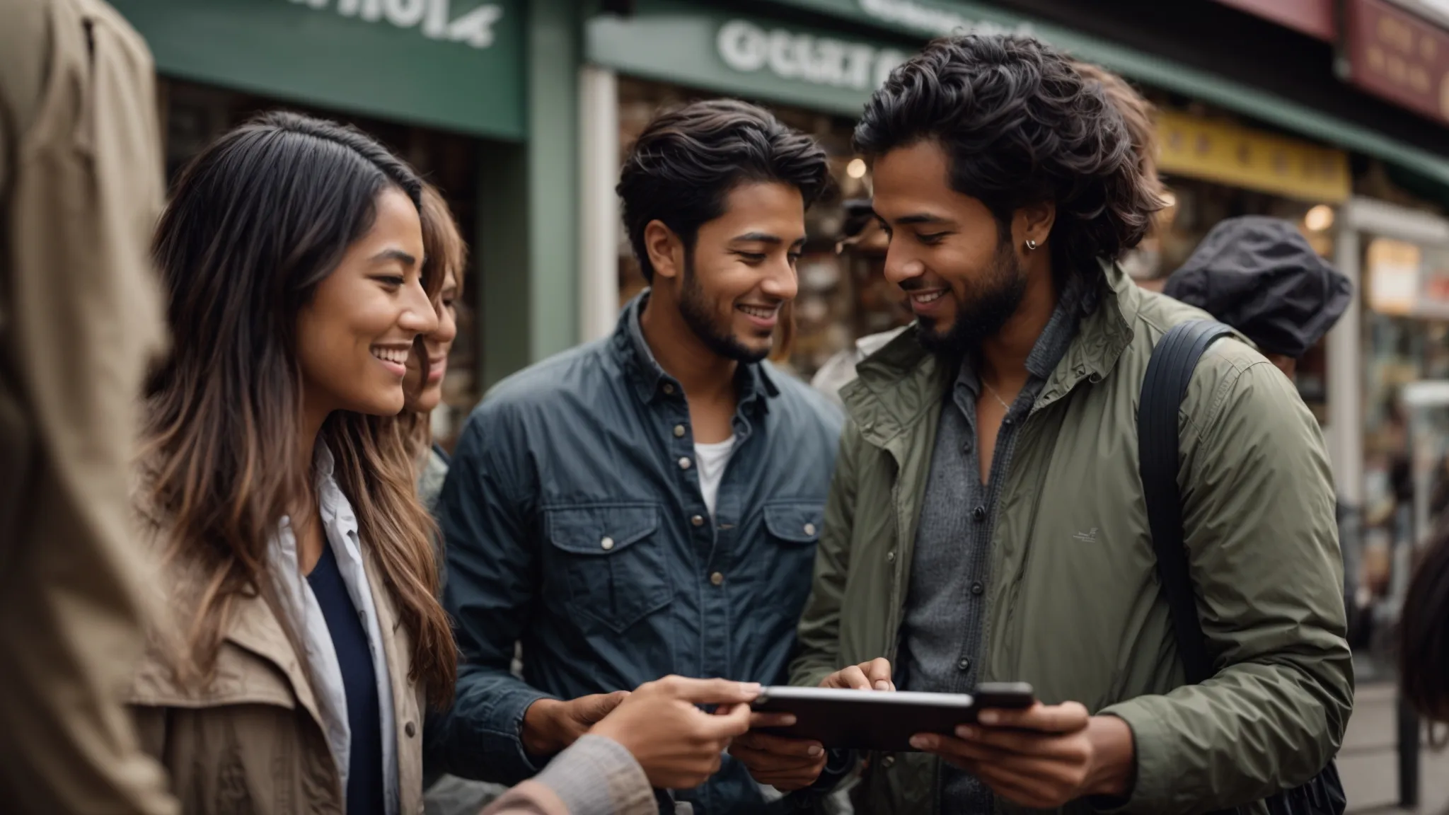 a group of satisfied customers engaging with a local shop owner who is showing them information on a digital tablet outside his store.