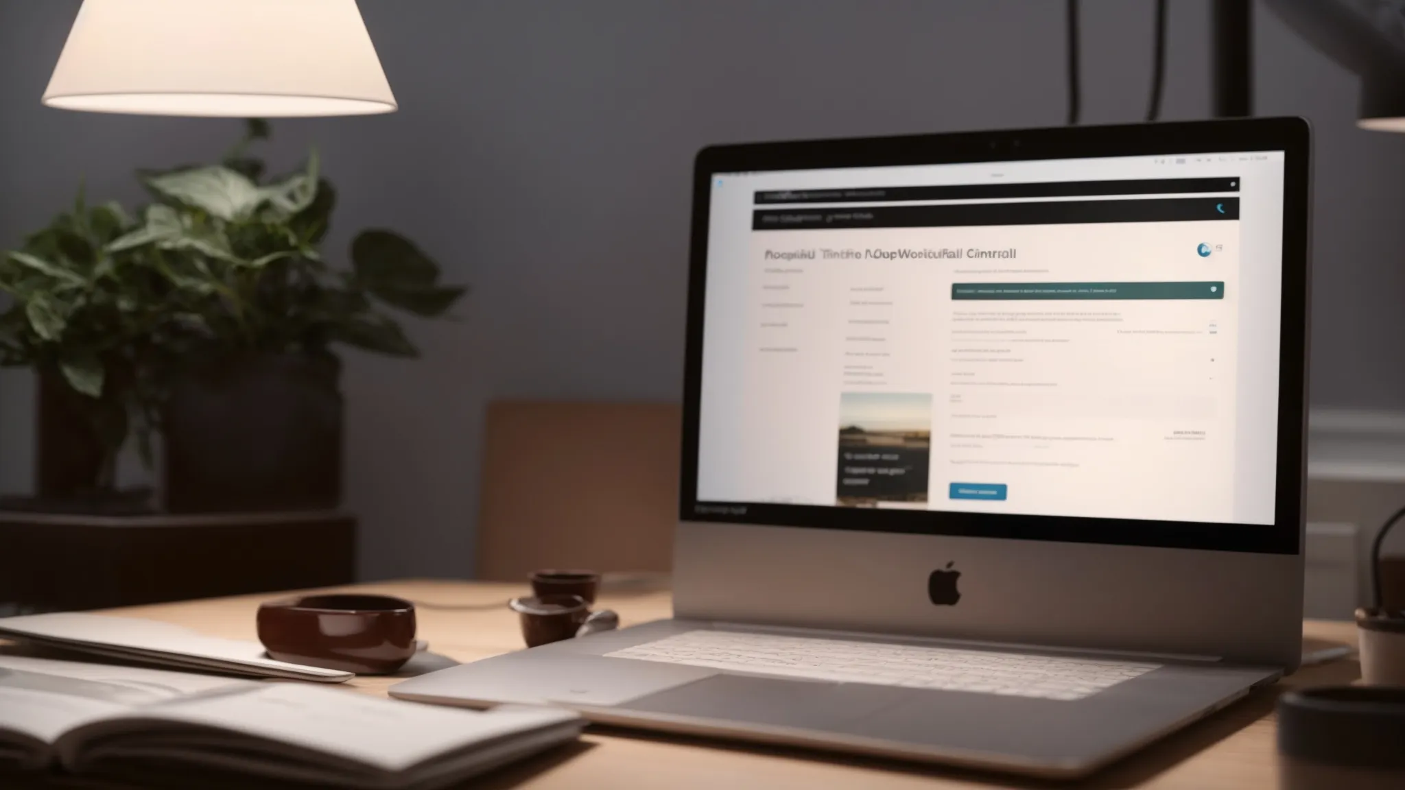 a laptop open on a simple desk with an online course dashboard on the screen, illuminated by the soft glow of a nearby lamp.