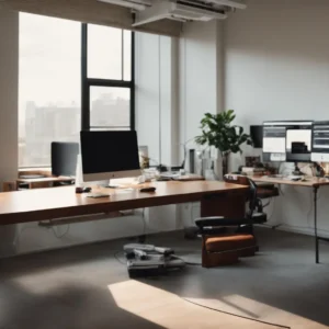 a spacious, well-lit office with a sleek, adjustable standing desk accompanied by a monitor at eye level and a comfortable chair.