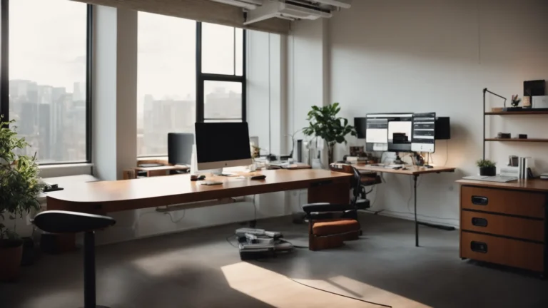 a spacious, well-lit office with a sleek, adjustable standing desk accompanied by a monitor at eye level and a comfortable chair.