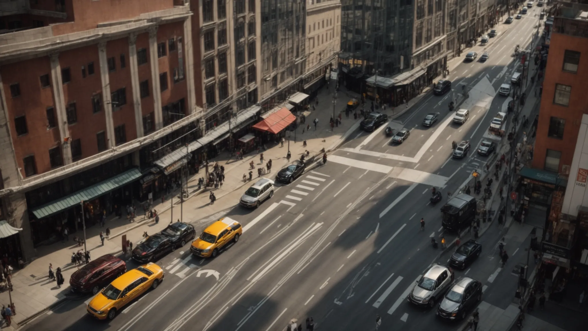 a bustling urban intersection with smooth traffic flow and clear road markings, surrounded by streamlined buildings.