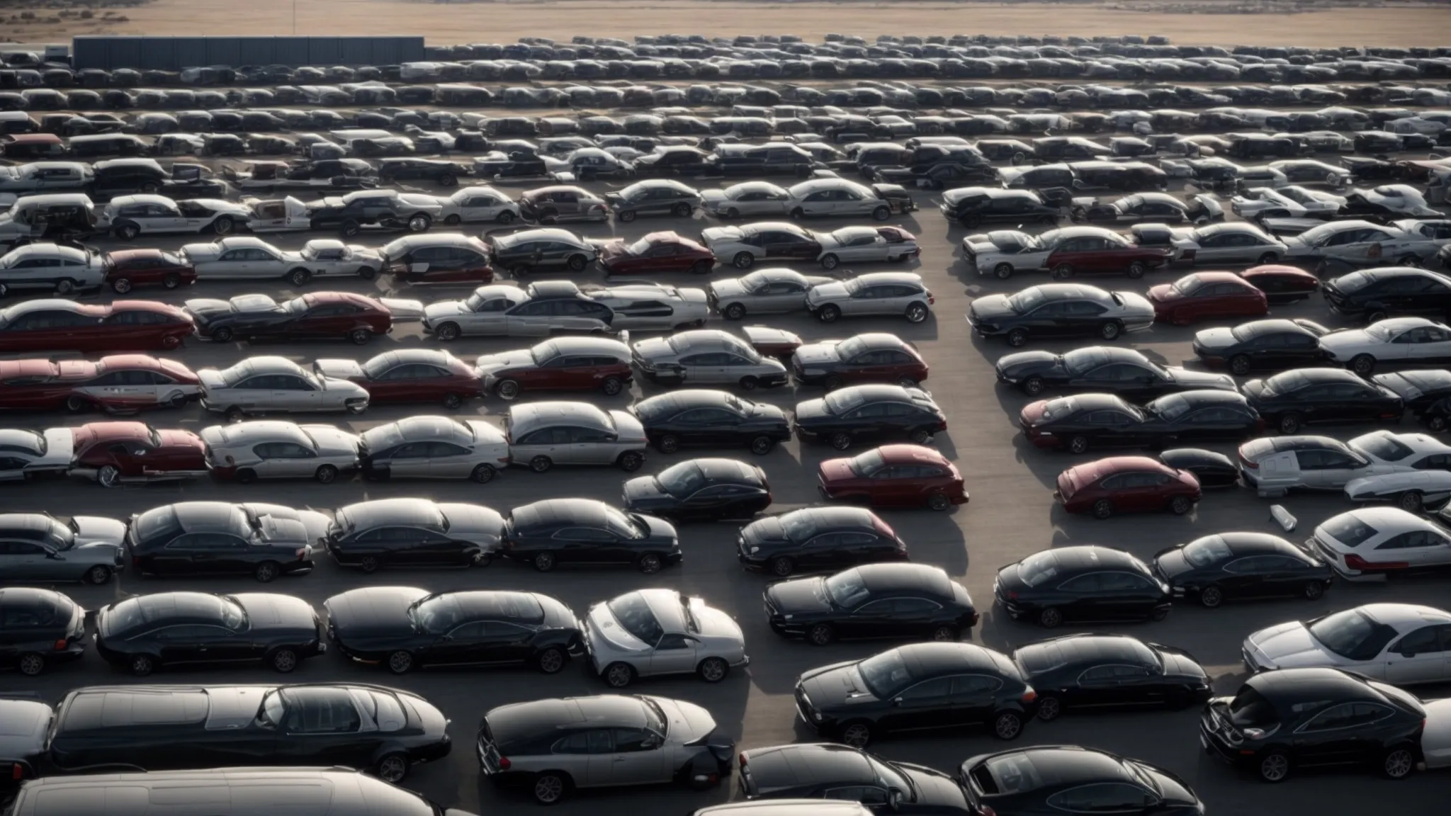 rows of sleek, new cars parked in a spacious dealership lot under a clear sky, awaiting customers.