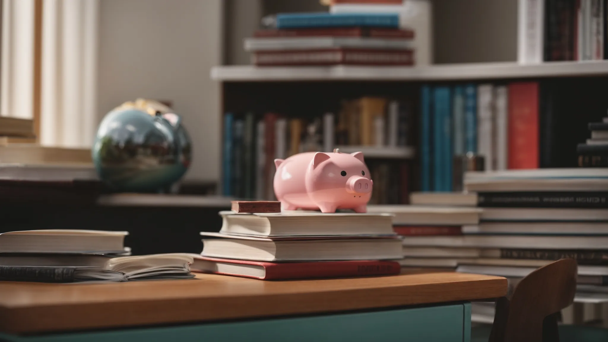 a stack of textbooks beside a piggy bank on a study desk.