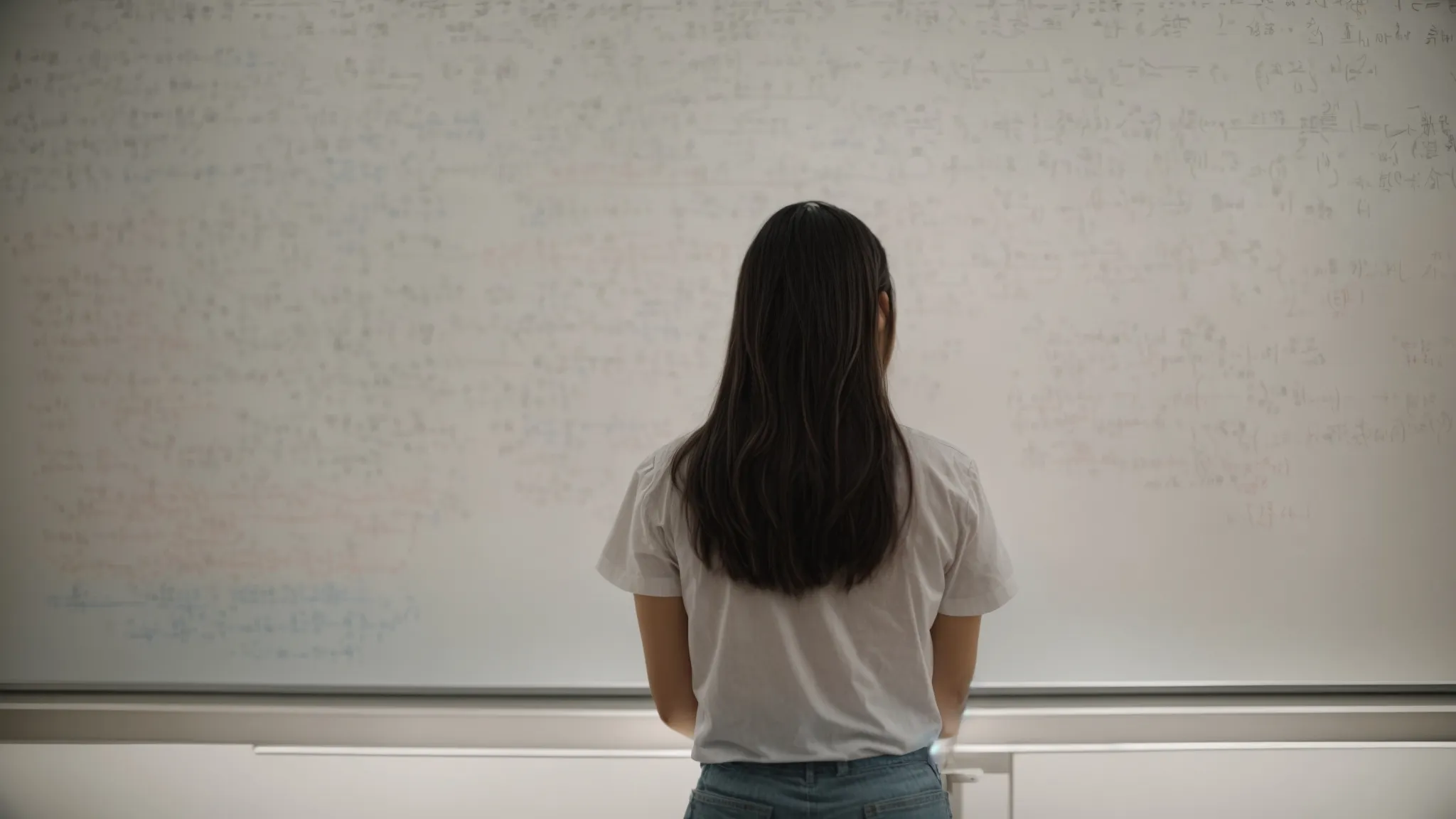 a student intently focuses on a textbook containing mathematical problems while surrounded by equations written on a whiteboard.