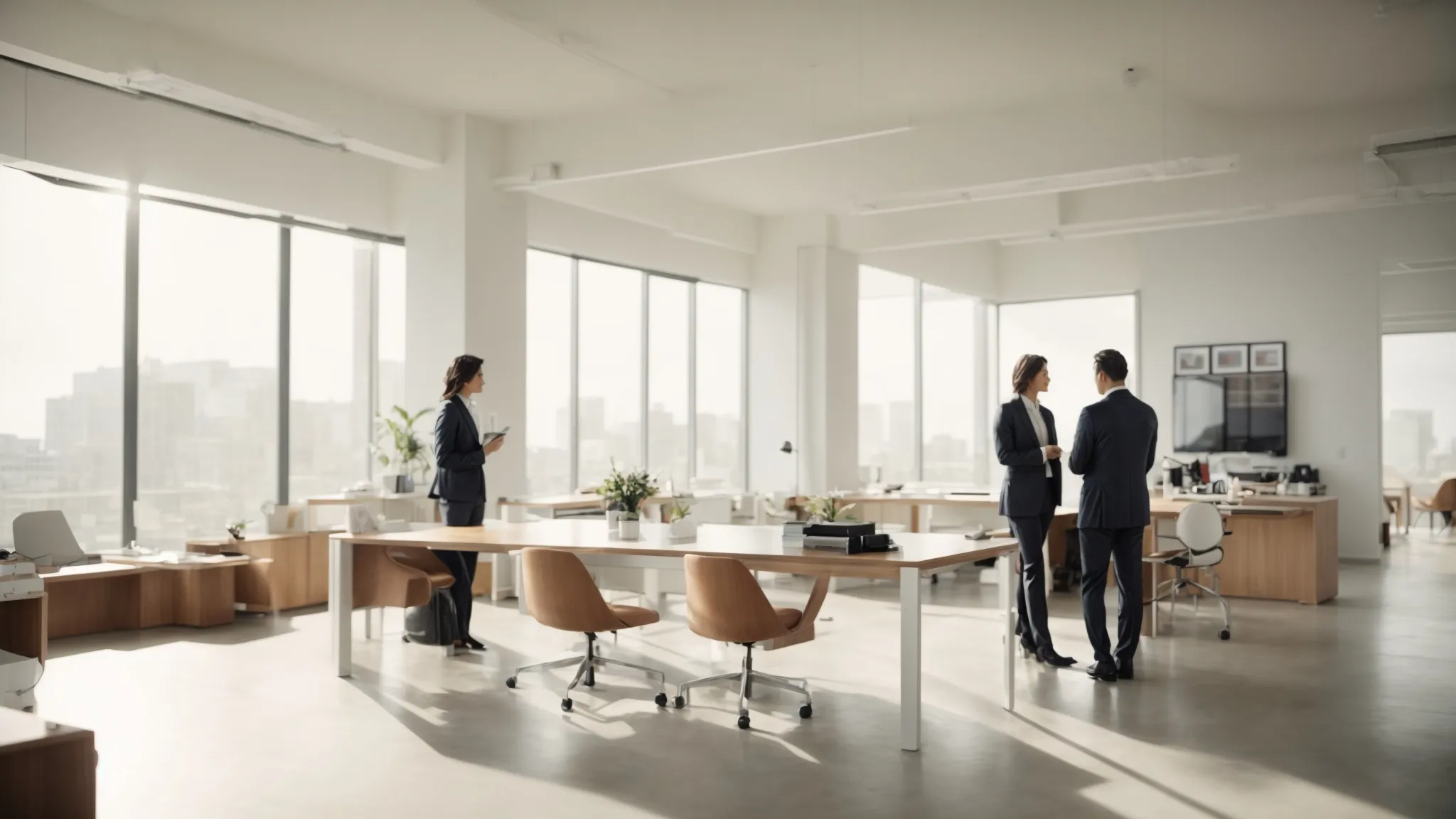 two colleagues stand confidently in a bright office, exchanging a focused and understanding glance across a sleek, modern table.