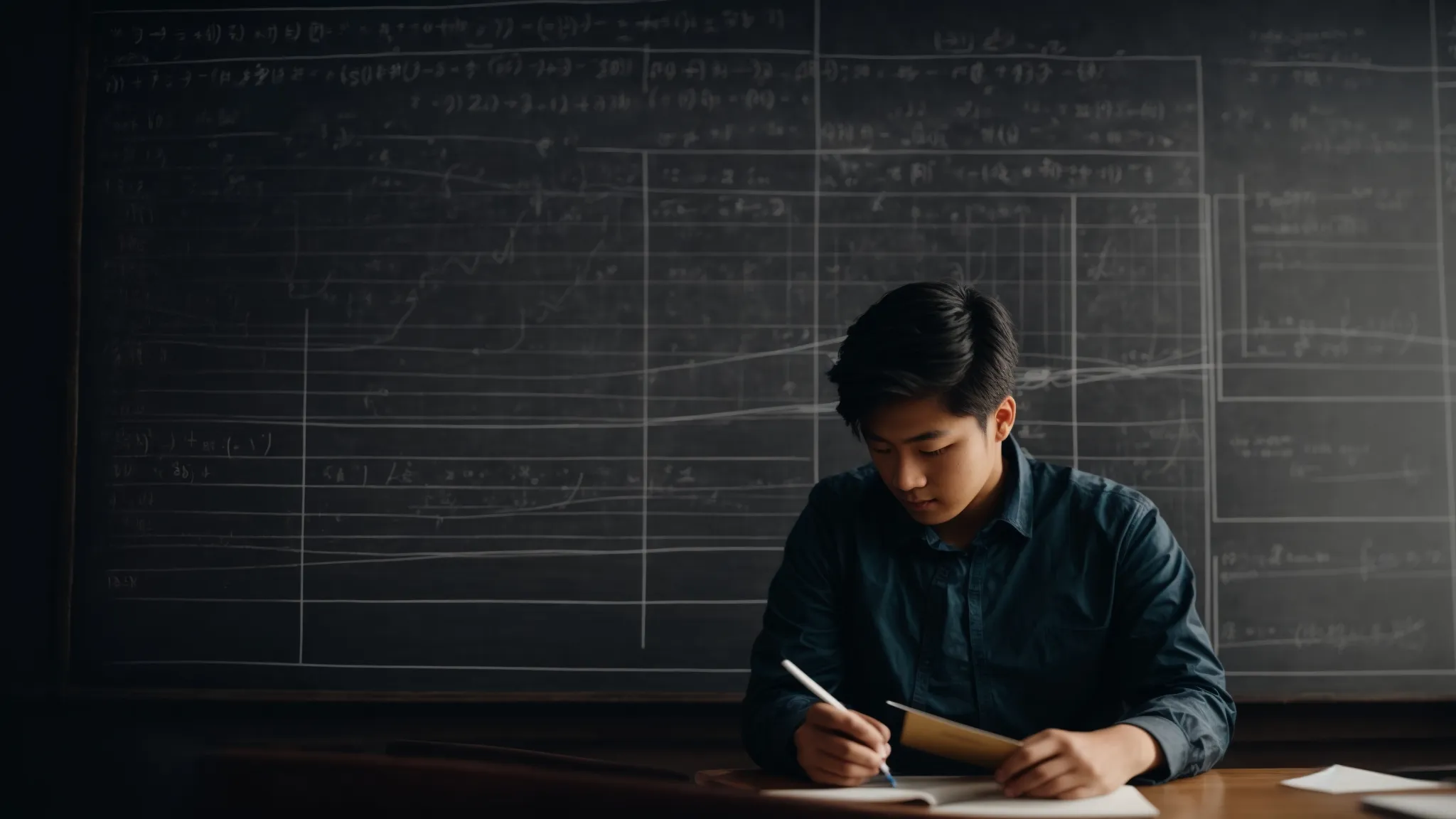 a chalkboard filled with graphs and linear equations under the watchful eyes of a focused student.
