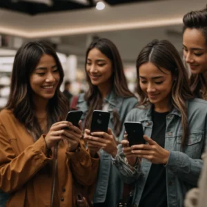 a group of people excitedly holding smartphones, taking photos of an eye-catching product display.