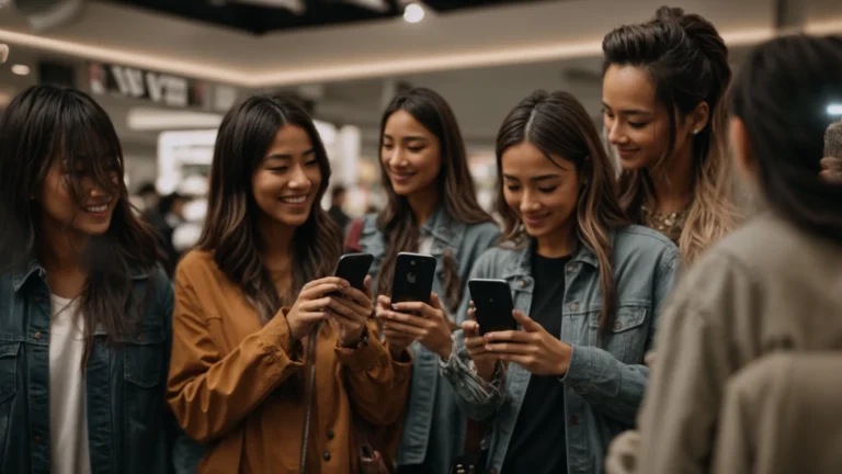 a group of people excitedly holding smartphones, taking photos of an eye-catching product display.