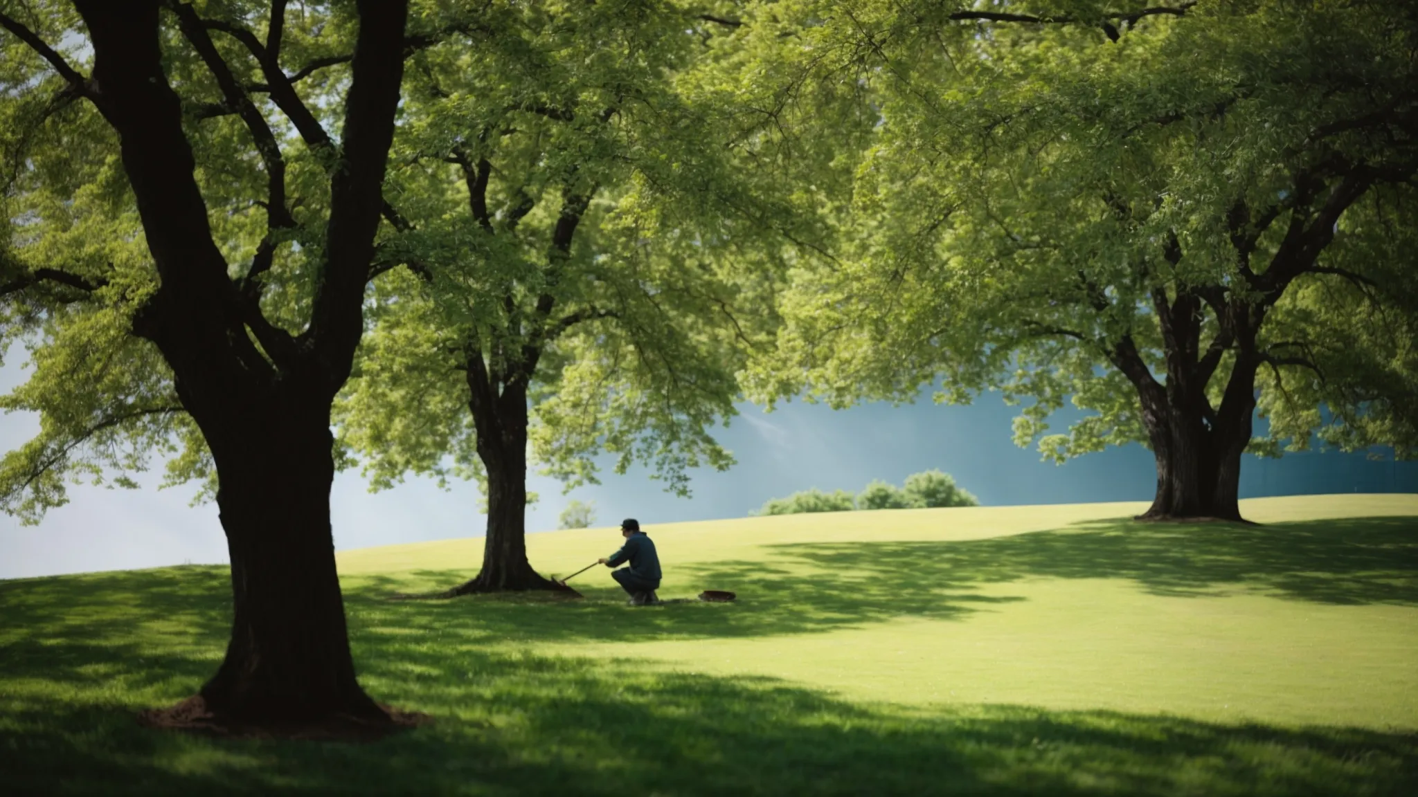 a person planting a tree in a lush, green park under a clear blue sky.