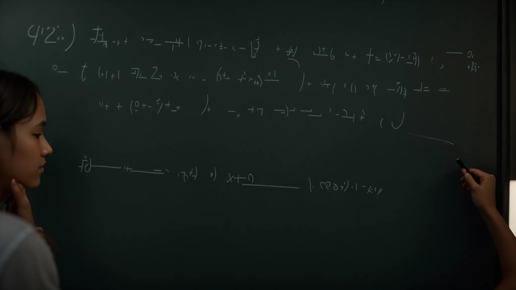 a student writes simplified equations on a chalkboard.