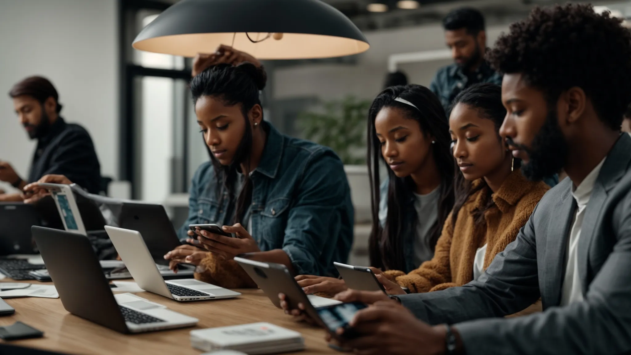a diverse group of people browsing content on various digital devices in a modern office.