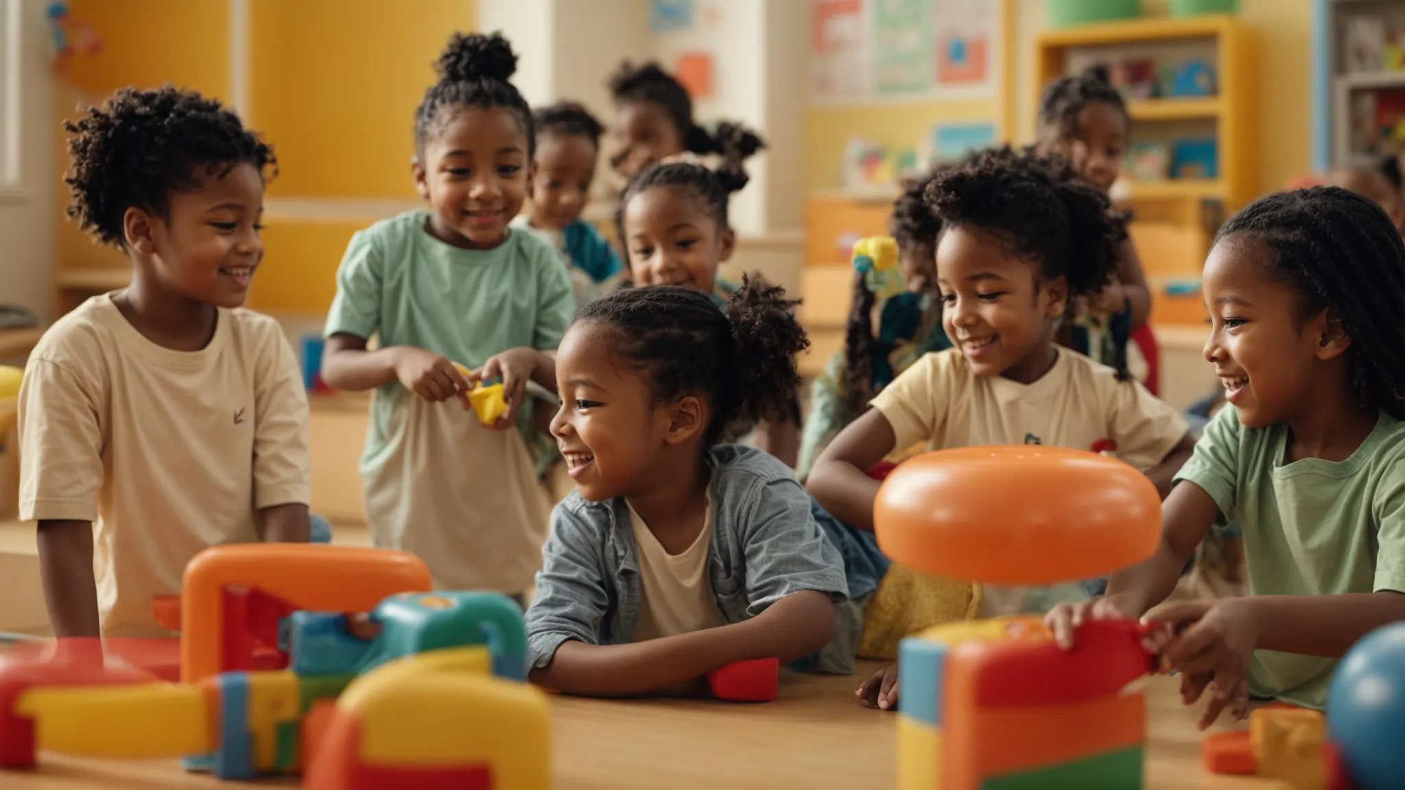 a diverse group of young children are engaged in playful activities in a bright, colorful classroom setting.