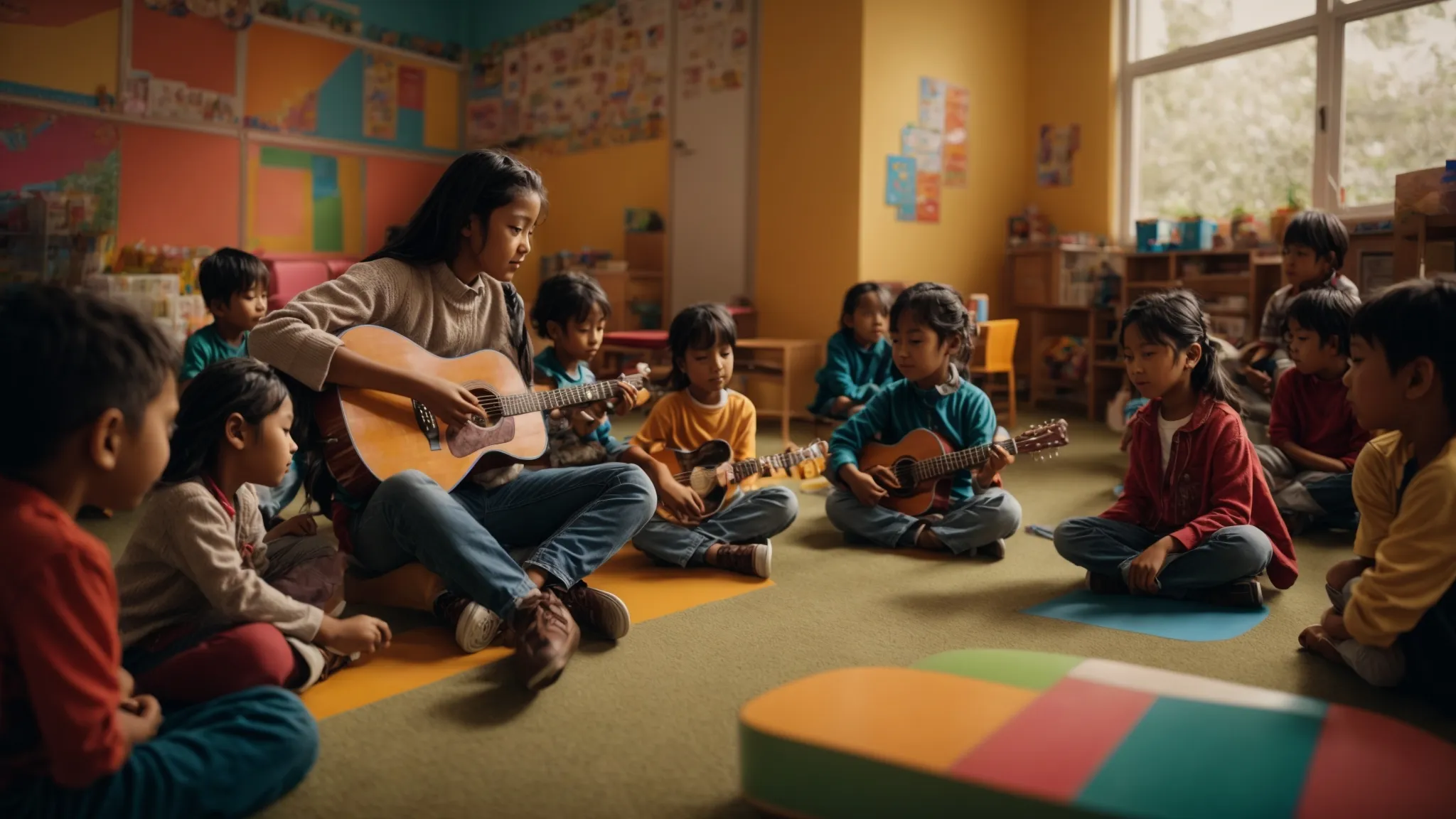 children gather around a teacher playing the guitar, immersed in song inside a colorful classroom.