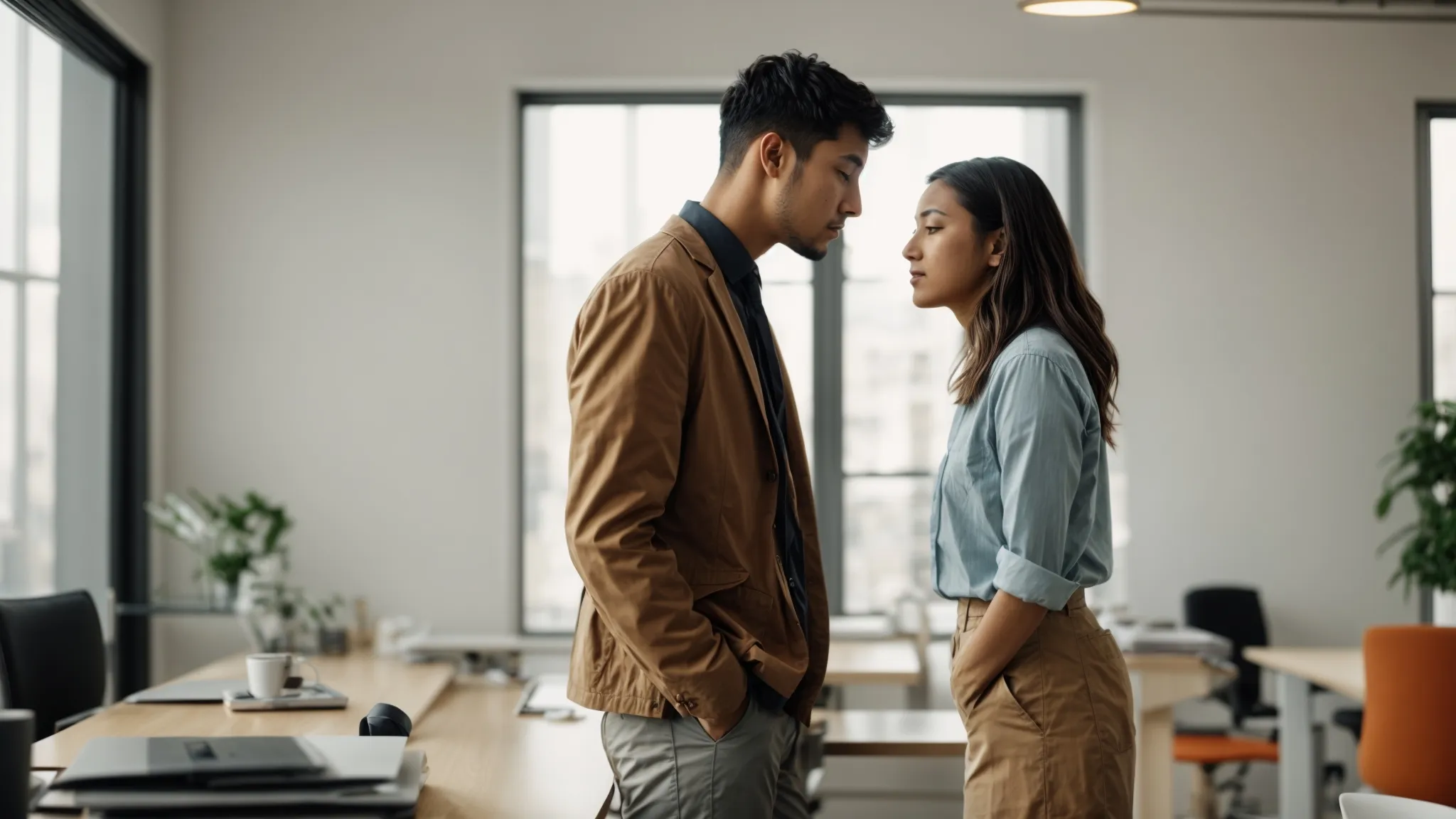 two colleagues stand facing each other with open postures in a bright office, engaged in a focused and calm conversation.