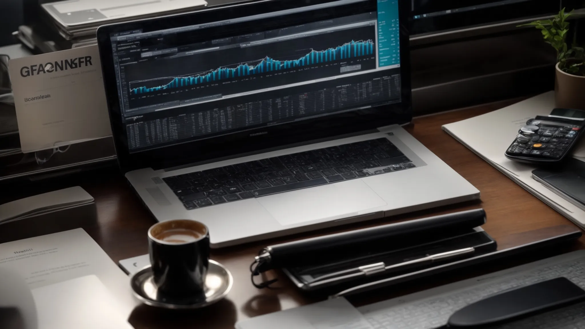 a desktop with an open laptop showing a graph chart, surrounded by marketing reports and a calculator, depicting strategic planning.