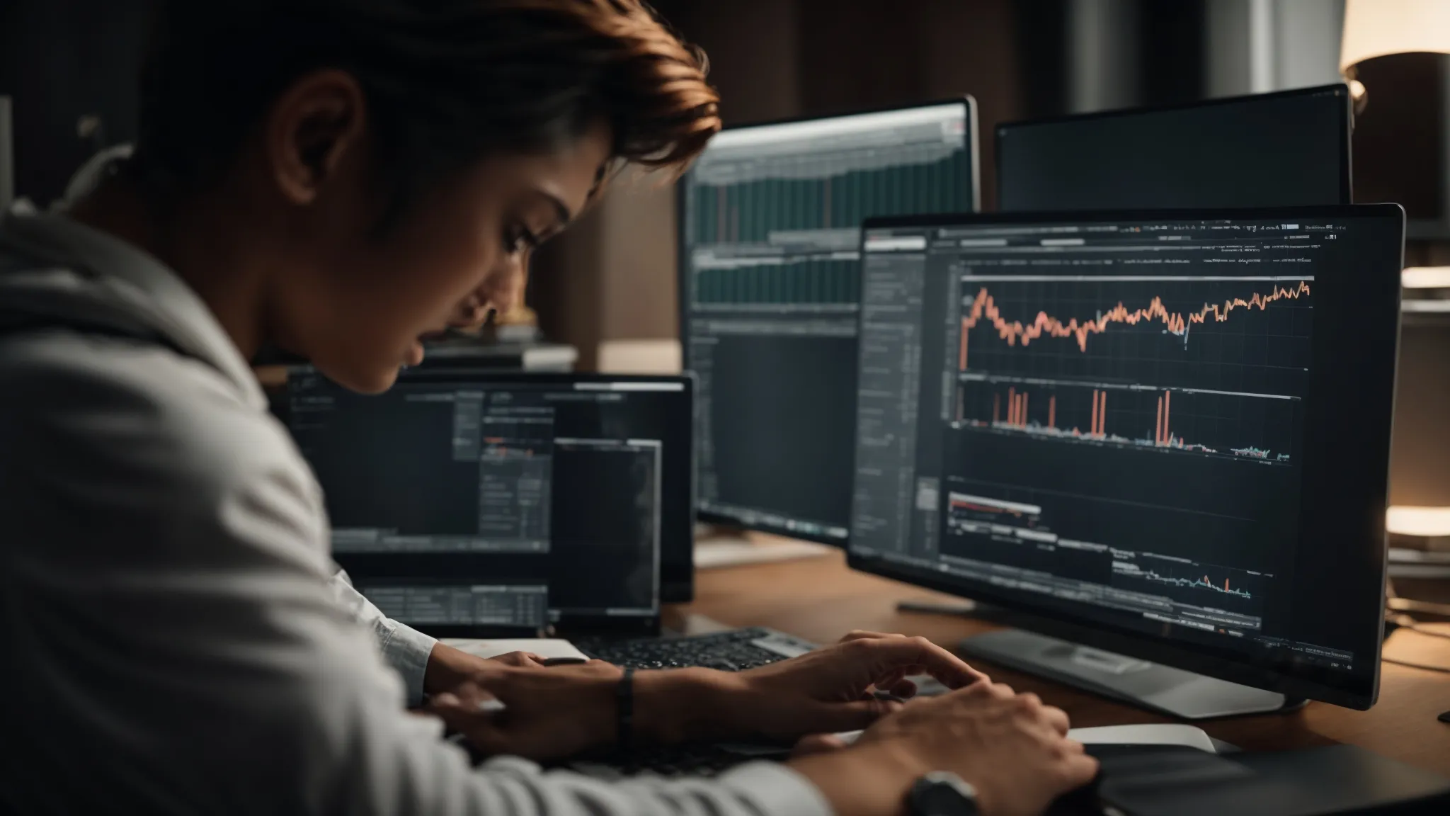 a digital marketer analyzes graphs and charts on a computer screen, optimizing a website's content strategy.