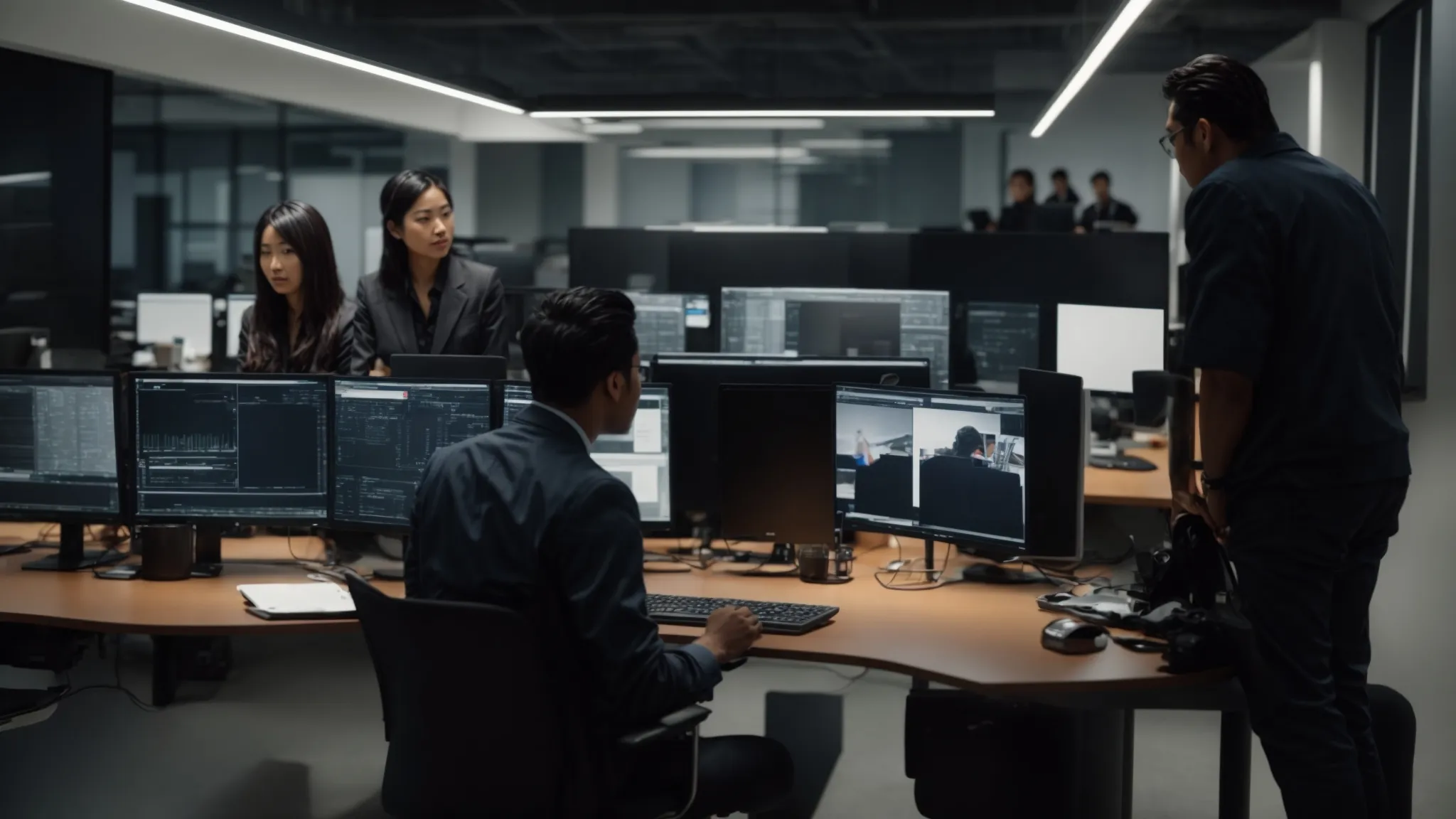 a team of professionals intently collaborating around a computer screen in a modern office setting.
