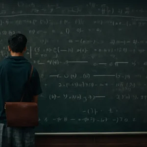 a student standing in front of a chalkboard filled with linear equation problems and solutions.