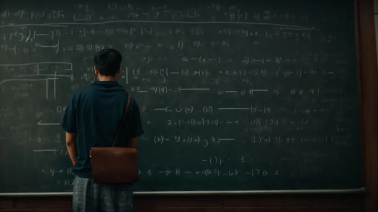 a student standing in front of a chalkboard filled with linear equation problems and solutions.